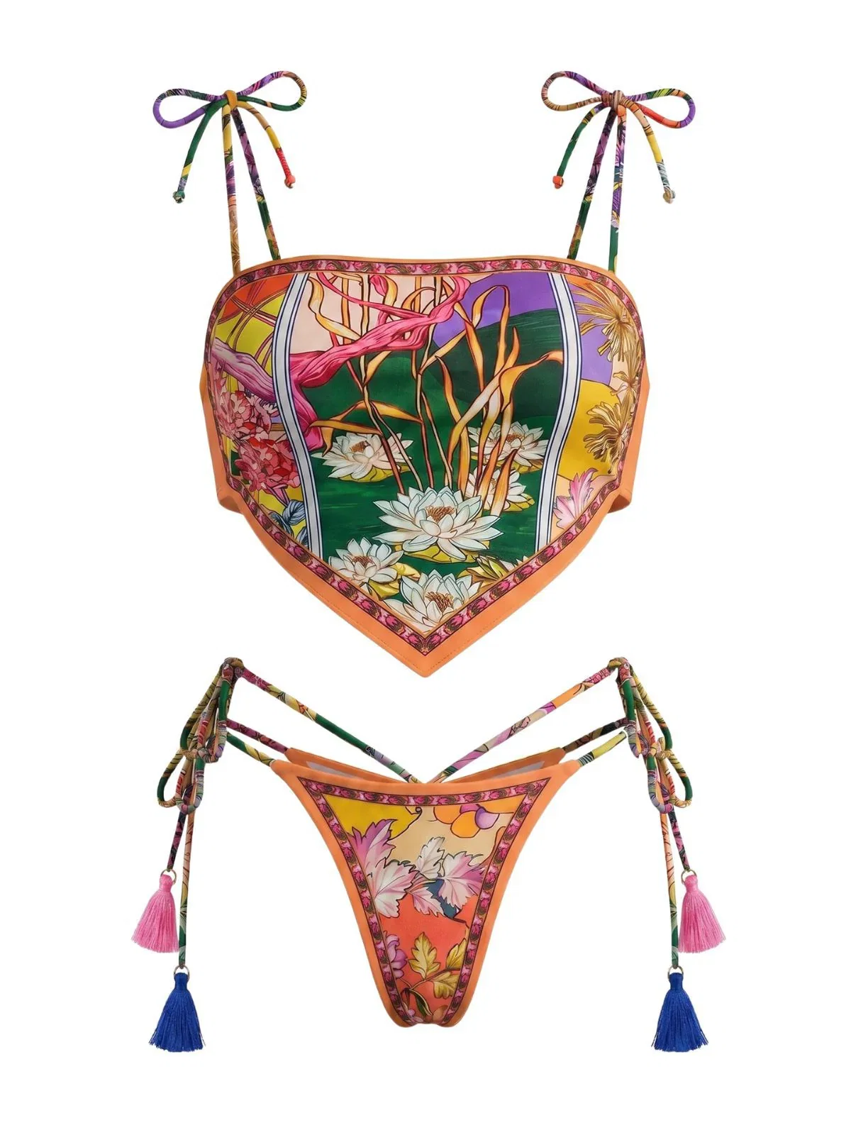 Orange 1970s Floral Tassel Tie Bandeau Bikini Set