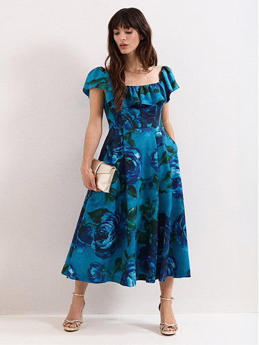 Brianne Blue Floral Ruffle Midi Dres