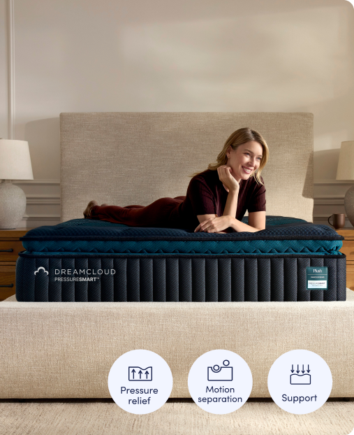 Shop the Dreamcloud Pressuresmart and save up to $650 on select mattresses + free adjustable base.