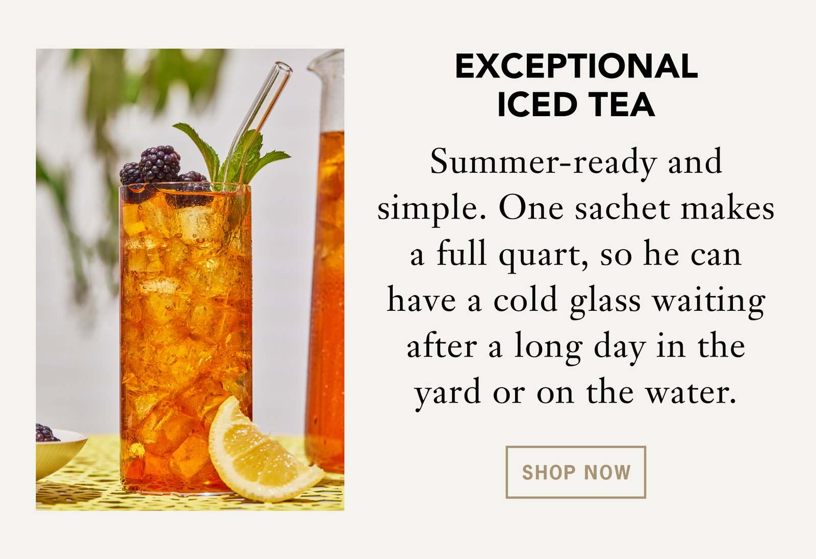 Exceptional Iced Tea   Summer-ready and simple. One sachet makes a full quart, so he can have a cold glass waiting after a long day in the yard or on the water.    Shop Now 