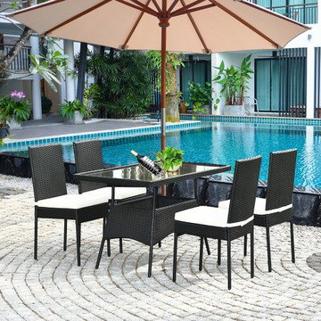 5 Piece Set: Patio Rattan Dining Set Table w/Glass Top