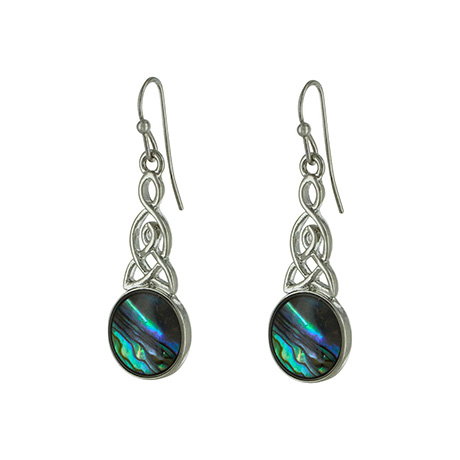 Drop earrings featuring a circular Celtic knot design decorated with paua shell. - Shop Now.