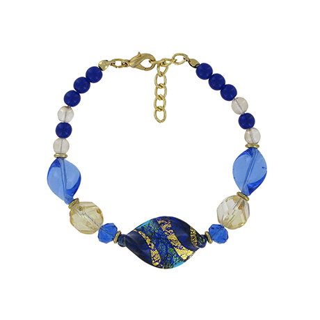 Vibrant bracelet of elongated Murano glass beads in rich blue hues. - Shop Now.