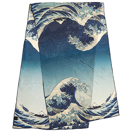Elegant silk habotai scarf featuring a design inspired by Hokusai’s Great Wave. - Shop Now.