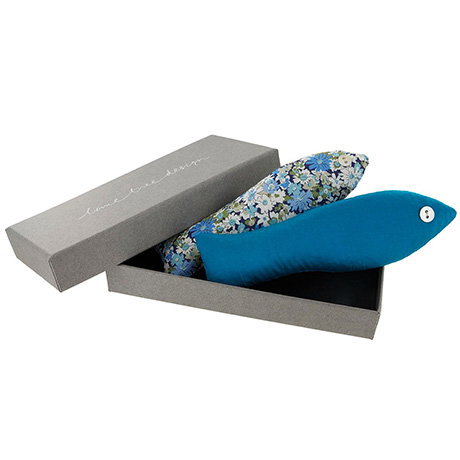 Pair of fish-shaped lavender sachets presented in a gift box. - Shop Now.