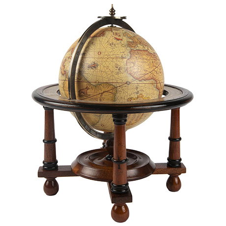 Ornamental replica of a 16th century Mercator globe crafted from wood with a walnut finish, featuring detailed paper gores. - Shop Now.