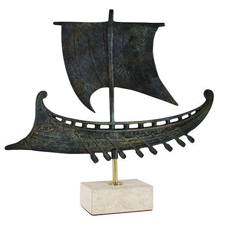 Bronze ornament depicting an ancient Greek trireme boat on a marble base. - Shop Now.