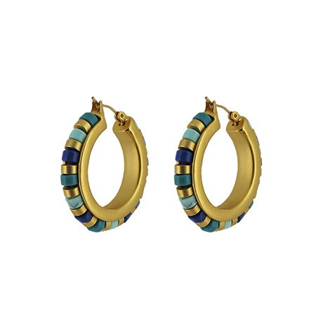 Pair of beaded hoop earrings featuring alternating turquoise and lapis lazuli beads with gold-plated discs inspired by ancient Egyptian jewellery. - Shop Now.