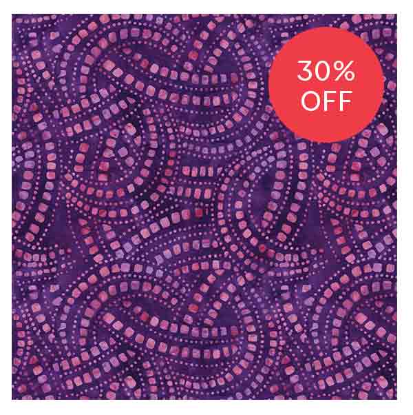 Image: A purple batik cotton fabric with interwoven dot design. Text: 30% off. >>