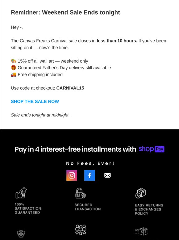 15% Weekend Sale closing tonight