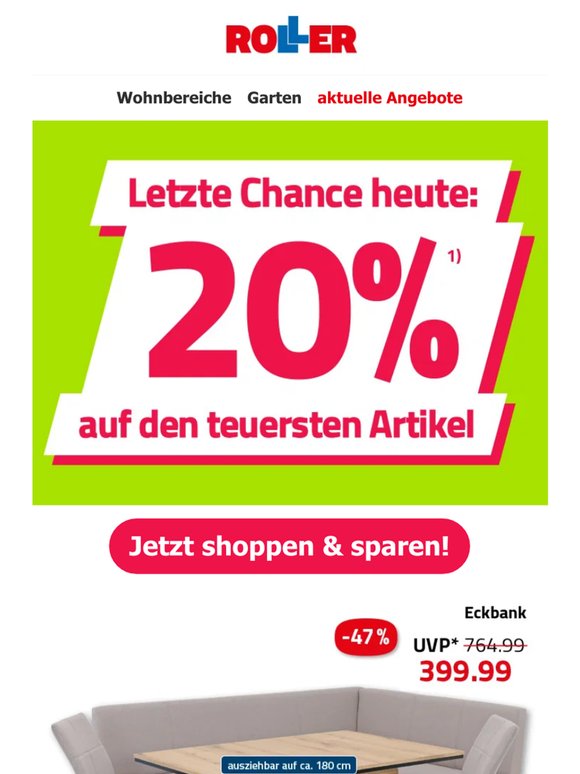 Endspurt: 20% auf den teuersten Artikel¹⁾ – nur bis Mitternacht!