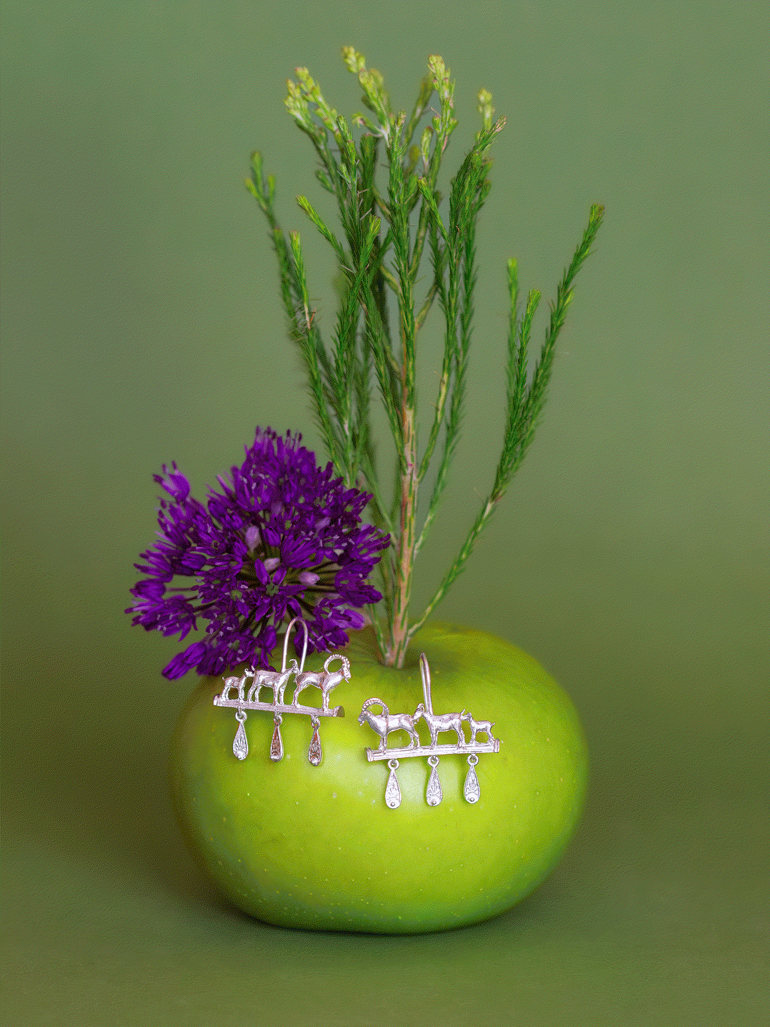 Mountain Goat Family Relic Earrings with Ornate Drops