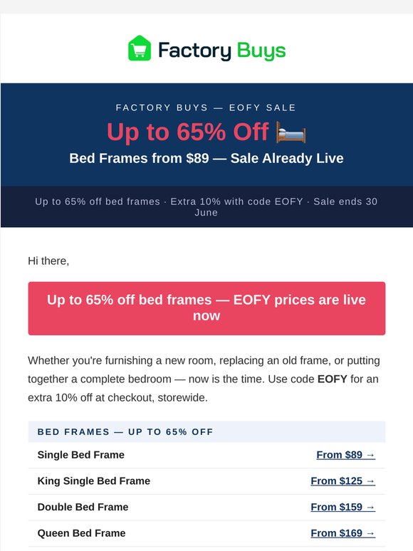 🛏️ Bed Frames from $89 — EOFY Clearance