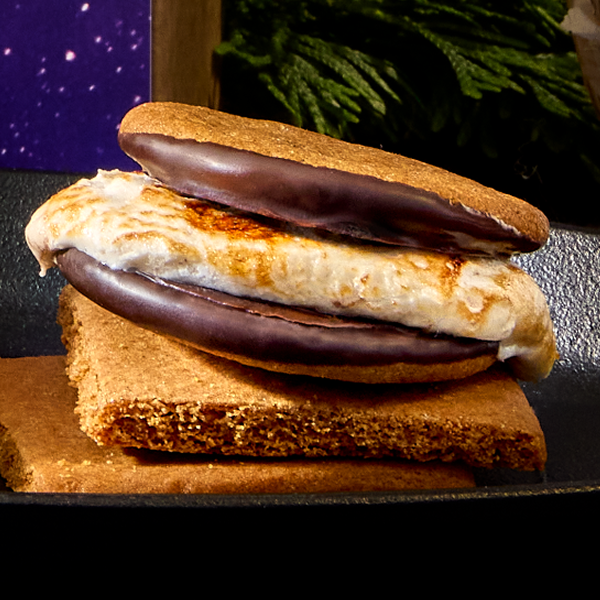 A s'more with ginger cookies, Vosges chocolate, and a perfectly toasted marshmallow sit on a plate.