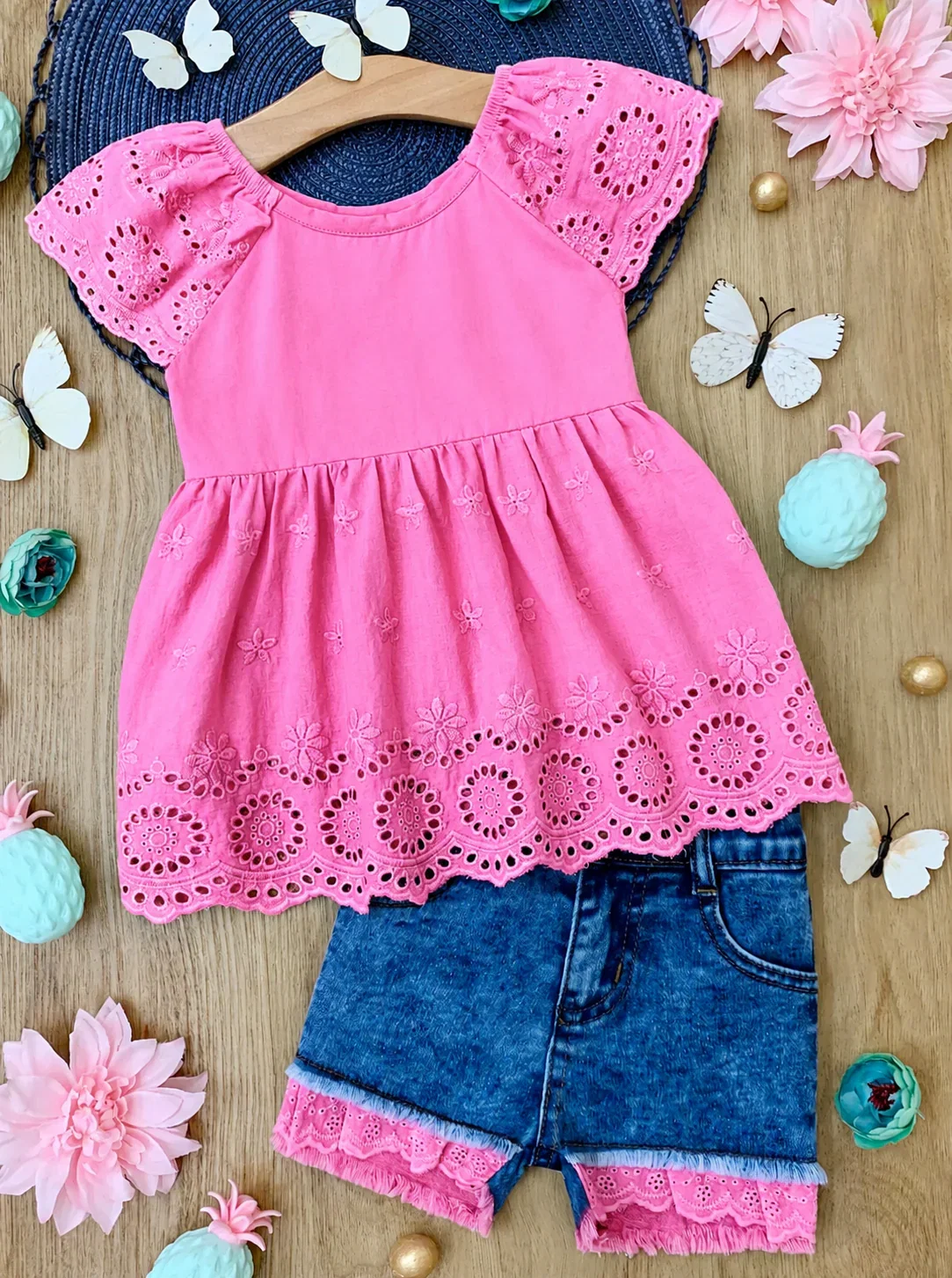 Image of Sweet Pink Eyelet Top and Denim Short Set