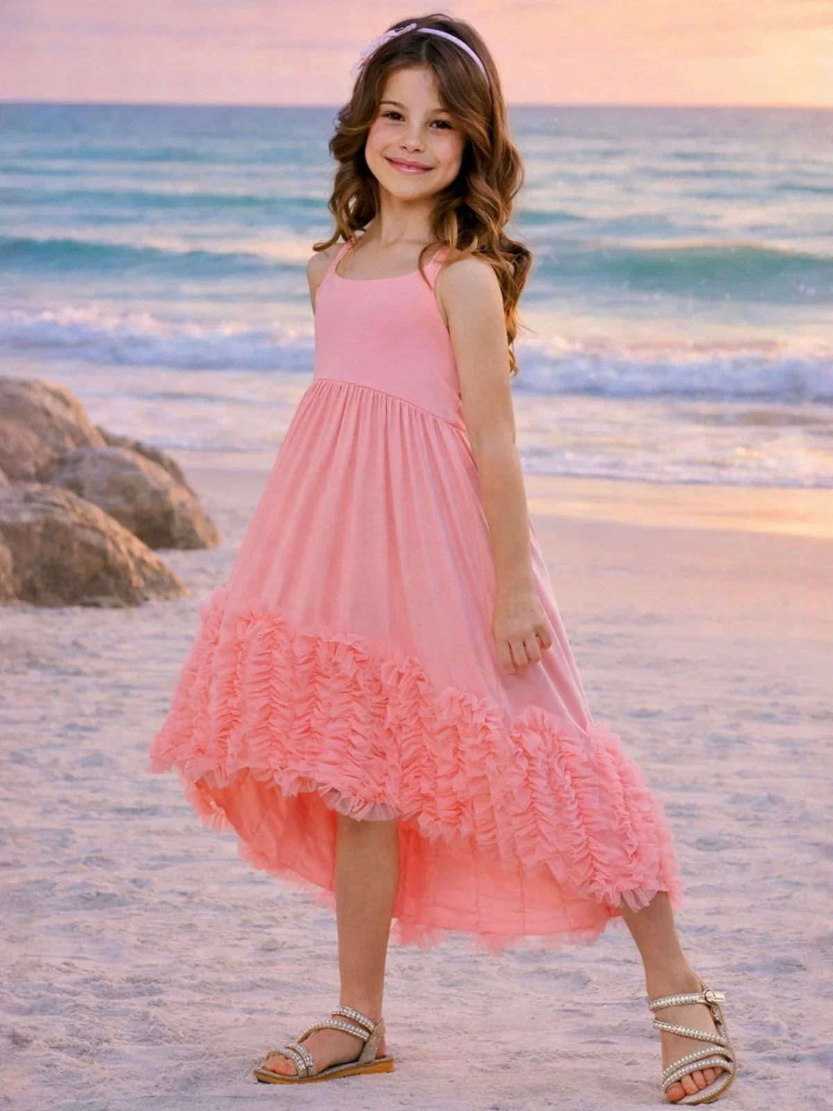 Image of Sunset Bloom Coral Cotton High-Lo Maxi Dress