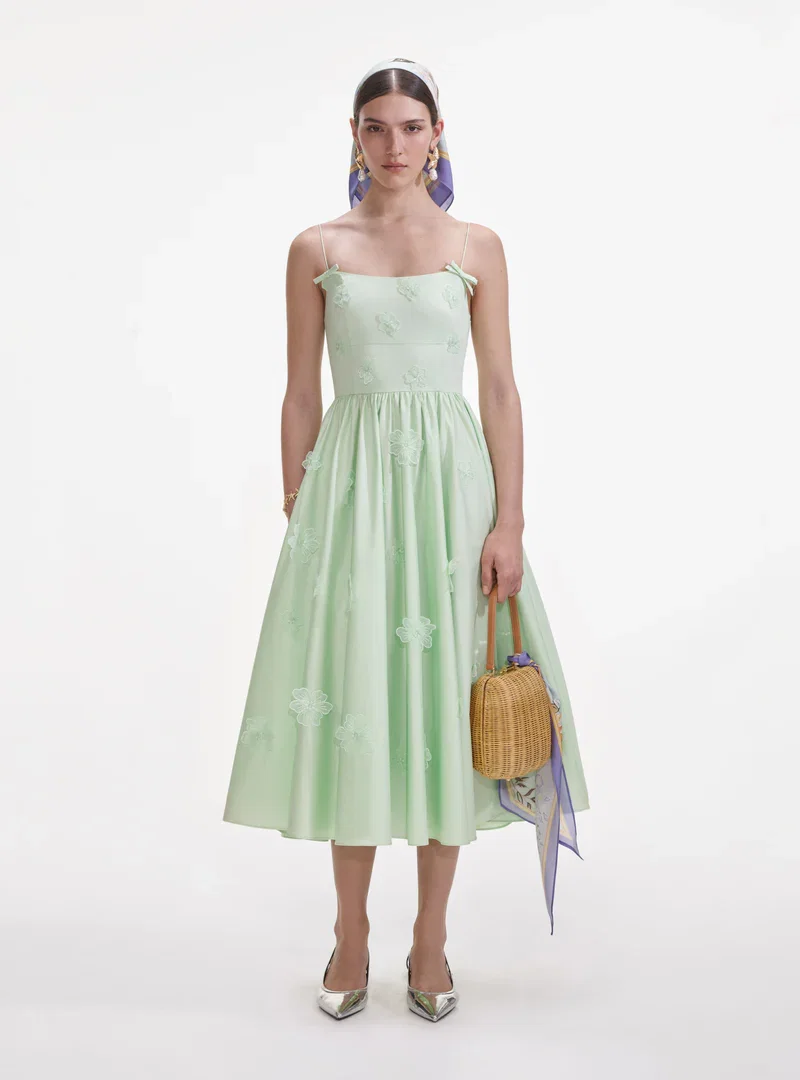 GREEN COTTON FLOWER MIDI DRESS