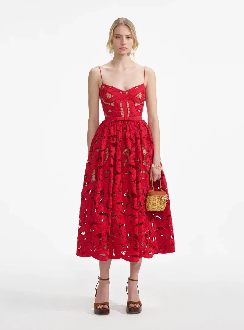RED BOW EMBROIDERED MIDI DRESS