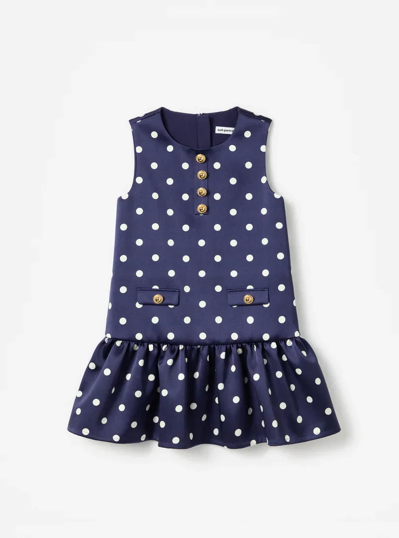 NAVY TAFFETA POLKA DOT BUTTON DOWN DRESS