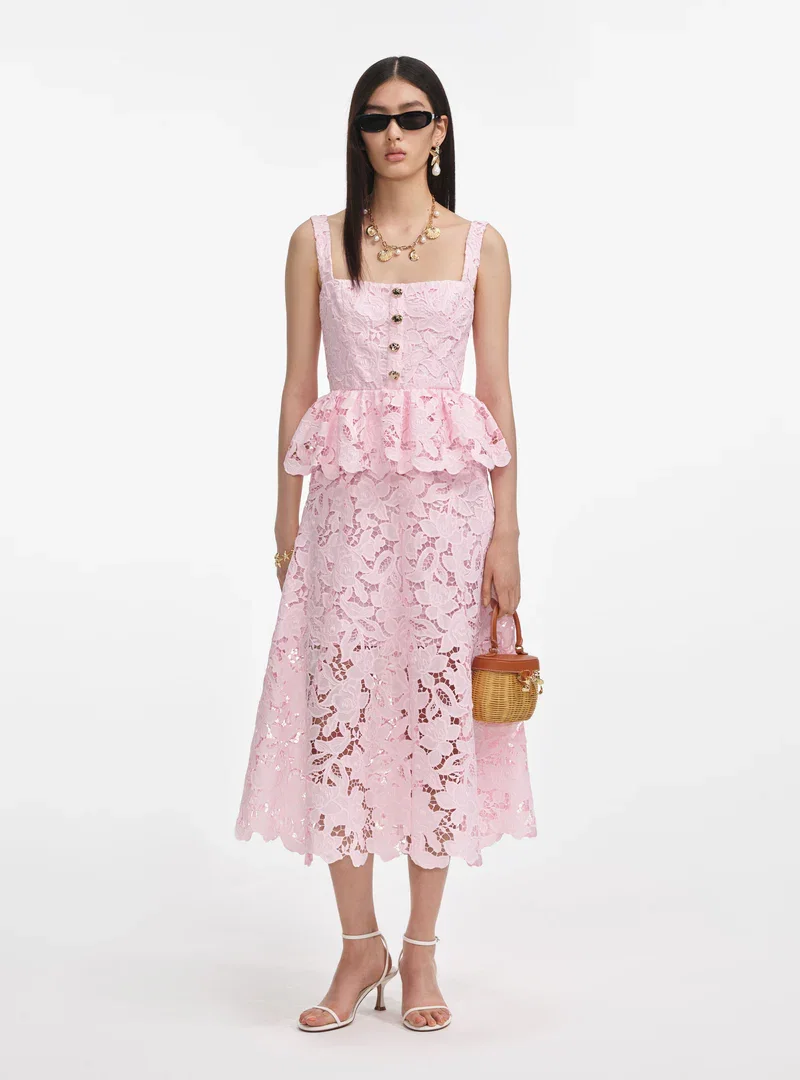 PINK LACE PEPLUM MIDI DRESS