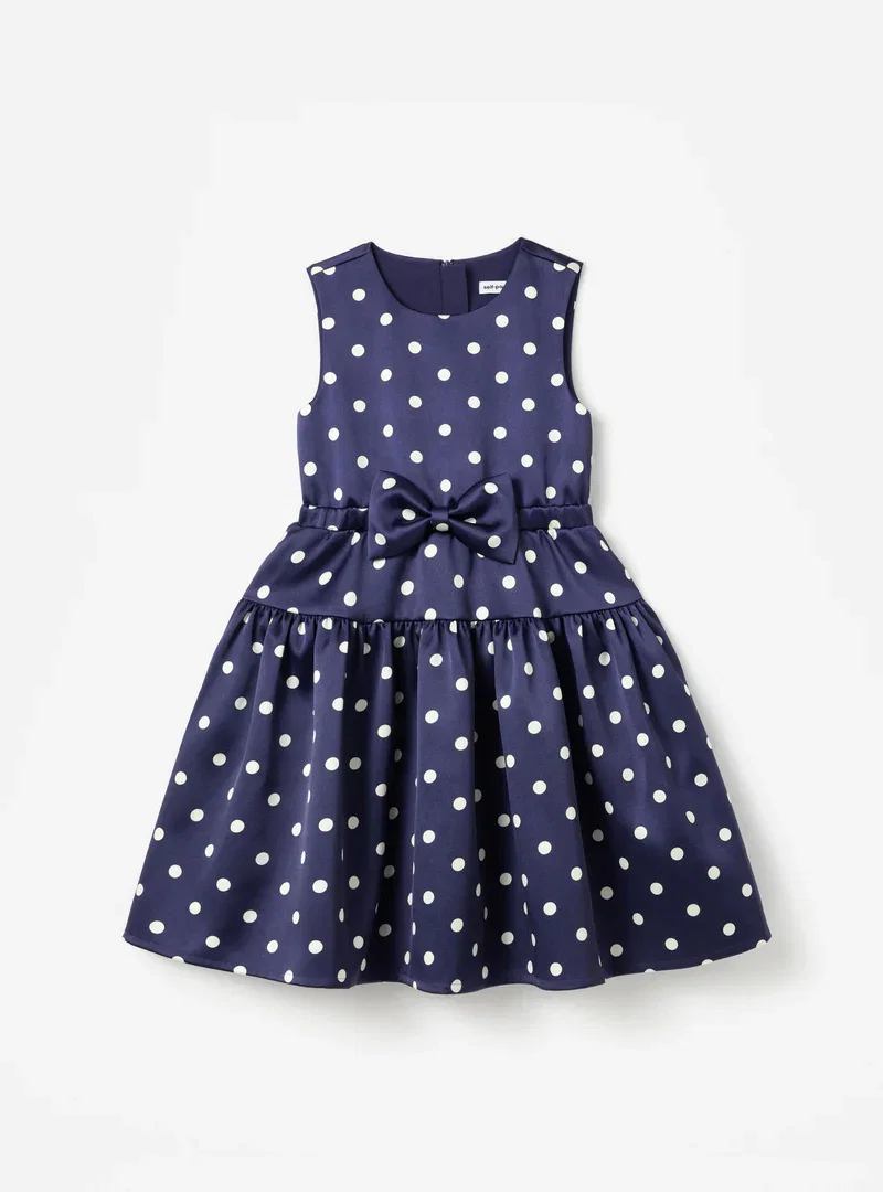 NAVY TAFFETA POLKA DOT DRESS