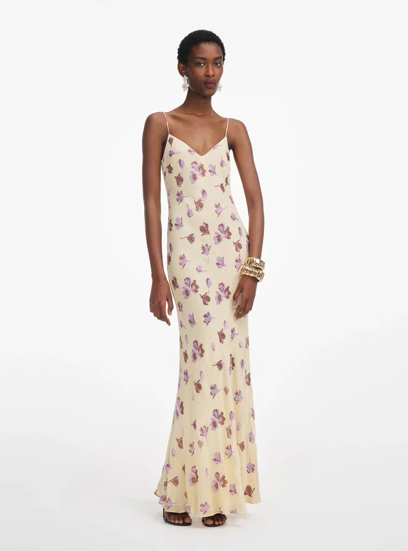 YELLOW FLORAL RHINESTONE MAXI DRESS