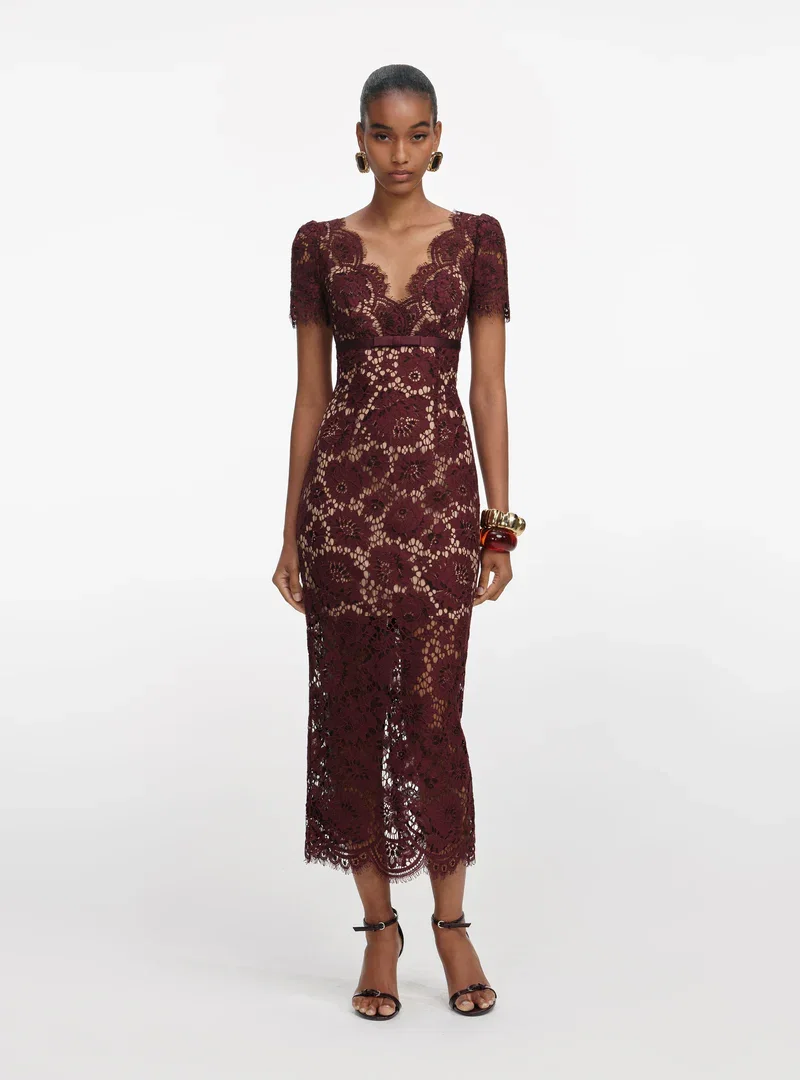 BURGUNDY FLORAL LACE MIDI DRESS