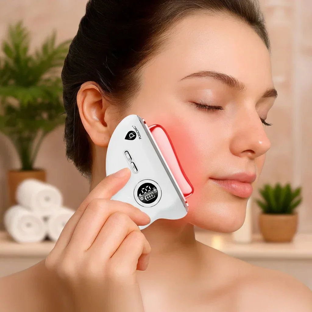 Woman using white and red handheld red light therapy device on her cheek in a spa-like setting