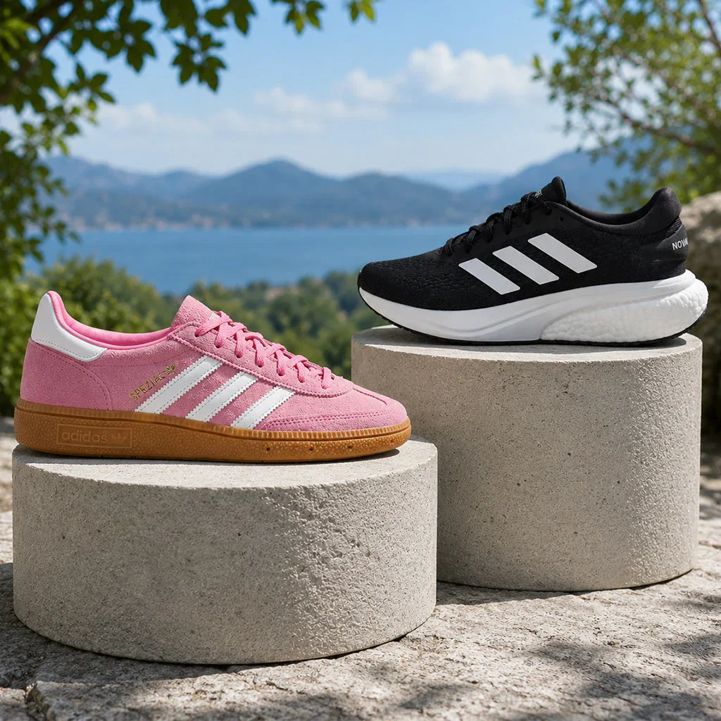 Two adidas sneakers displayed on concrete pedestals with a scenic mountain lake backdrop framed by green foliage.
