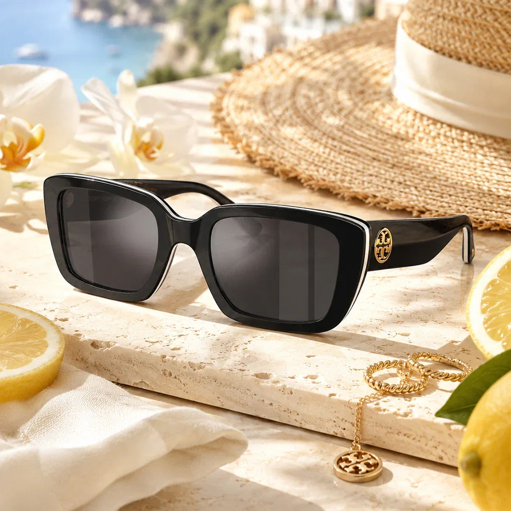Black rectangular sunglasses with gold logo on a beach-themed display with lemons, straw hat, and flowers.