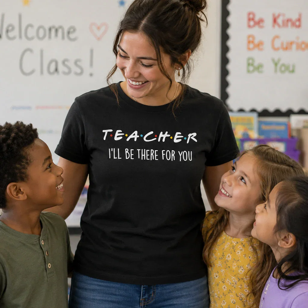 A smiling teacher wearing a black 
