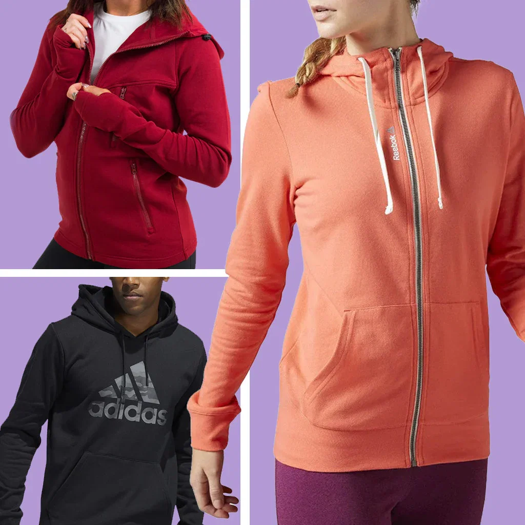 Three hoodies displayed on purple background: burgundy zip-up, coral hoodie with white drawstrings, and black Adidas hoodie.