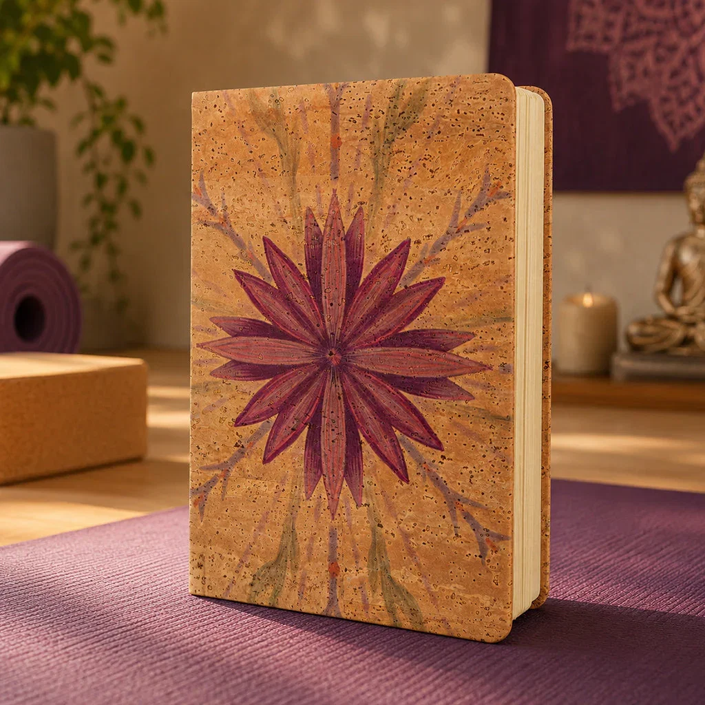 Cork notebook with burgundy flower design displayed on purple mat in warm, minimalist setting