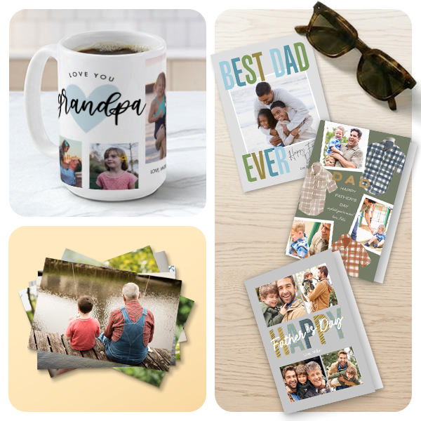 Assorted personalized gifts for fathers and grandfathers, including a mug, prints and cards. 