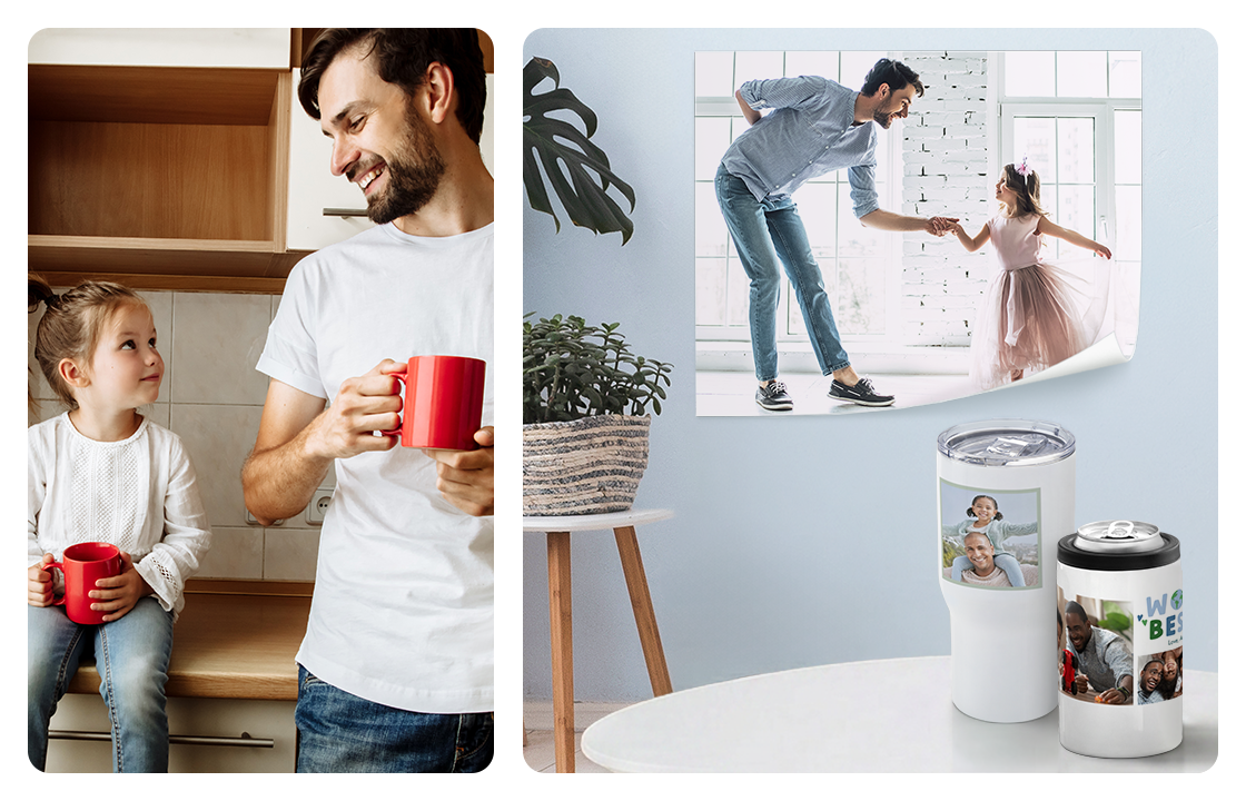 A picture on the left shows a father and his young child smiling at each other while they hold matching mugs. On the right is a picture of the same father and child dancing together printed on a repositionable poster while a custom tumbler and can cooler sitting in the foreground also feature fathers with their children.