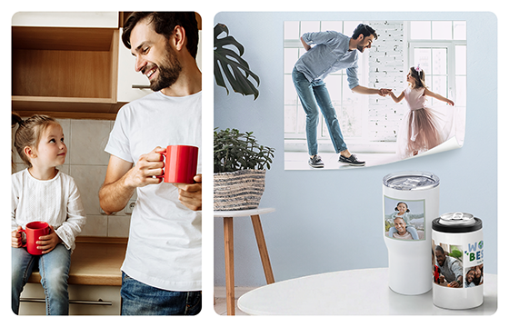 A picture on the left shows a father and his young child smiling at each other while they hold matching mugs. On the right is a picture of the same father and child dancing together printed on a repositionable poster while a custom tumbler and can cooler sitting in the foreground also feature fathers with their children.