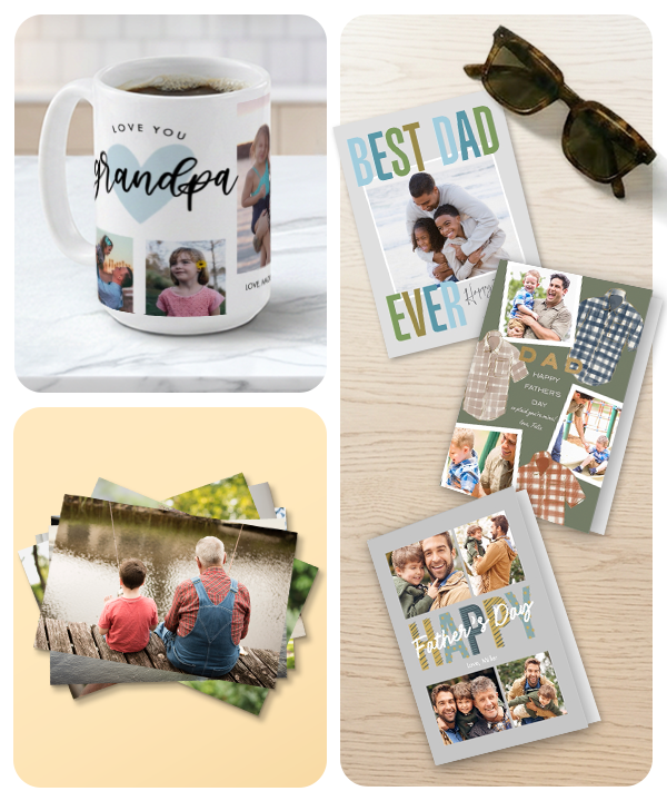 Assorted personalized gifts for fathers and grandfathers, including a mug, prints and cards. 
