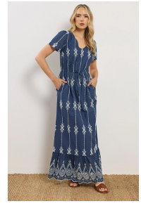 LTS Tall Navy Blue Floral Embroidered Cotton Maxi Dress