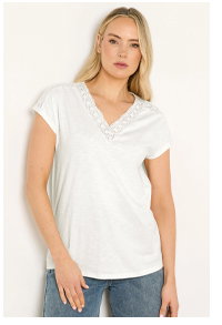LTS Tall Ivory White Crochet Lace V-Neck Cotton T-Shirt