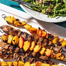Pork Tenderloin and Peach Kebabs with Brown Rice Salad