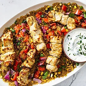 Air-Fryer Spiced Chicken Kebabs with Vegetable and Bulgur Salad