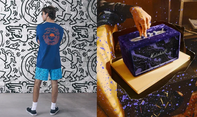 guy wears printed shorts and purple splash speaker