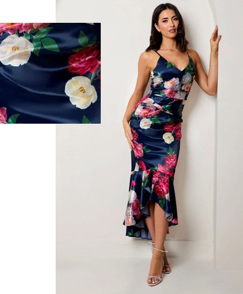 Sleeveless Floral Print Ruffle Hem Midi Dress in Navy