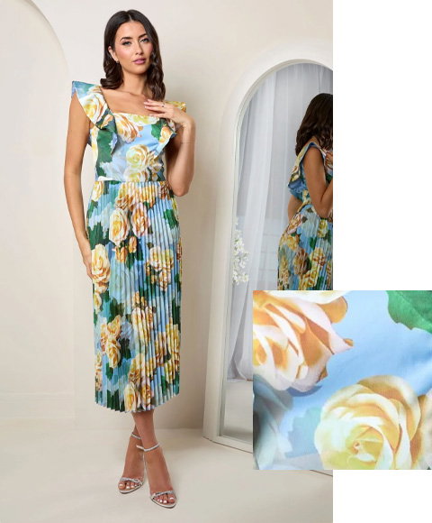 Floral Print Ruffle Pleated Midi Dress in Blue