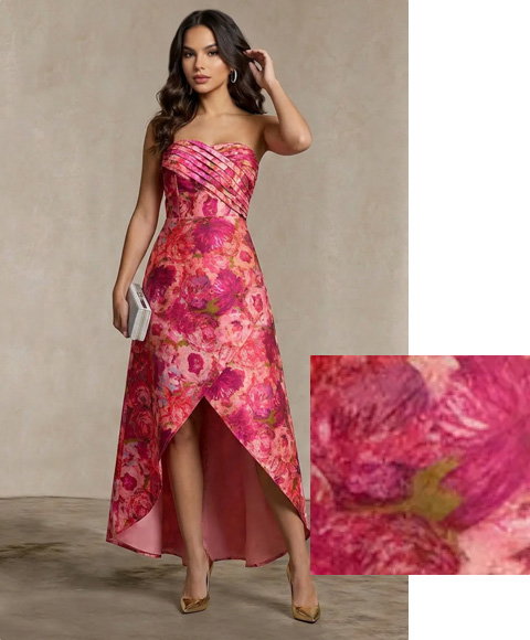 Bandeau Sweetheart Floral Wrap Detail Dip Hem Dress in Pink