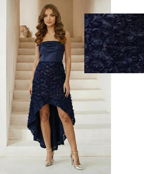 3D Floral Dip Hem Dress in Navy