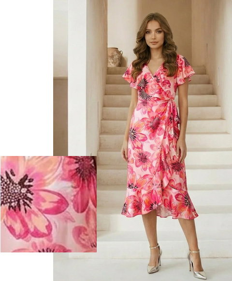 Flutter Sleeve Satin Wrap Dress in Pink