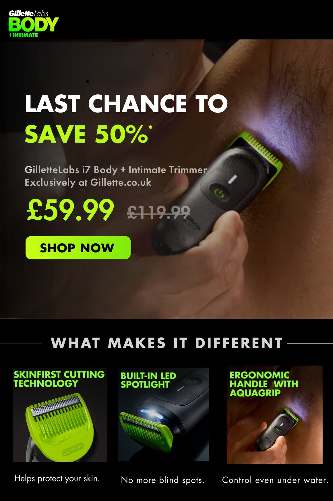 BEST SELLER NOW HALF PRICE. GILLETTE LABS I7 BODY INITMATE TRIMMER NOW AT £59,99