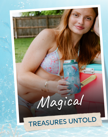 Woman holding a mermaid-themed Ocean Treasures tumbler by the pool.
