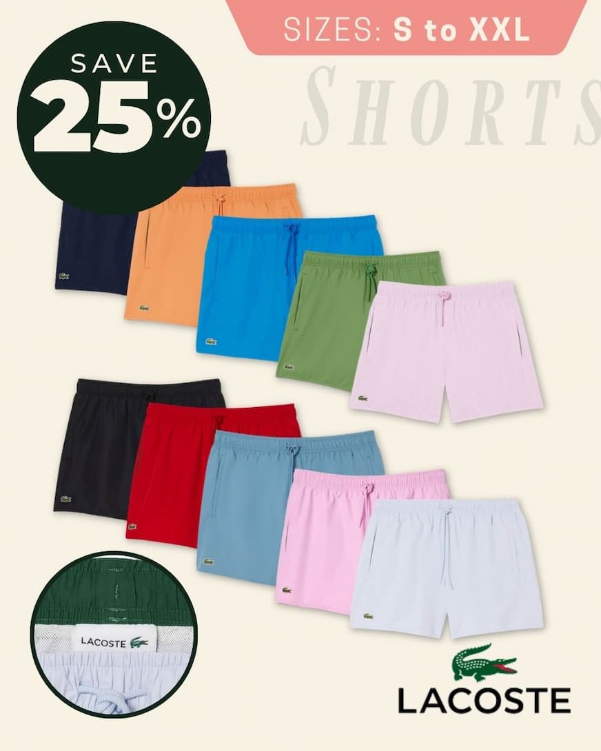 Lacoste Mens 2026 Drawcord Waist Crocodile Elasticated Pool Beach Swim Shorts